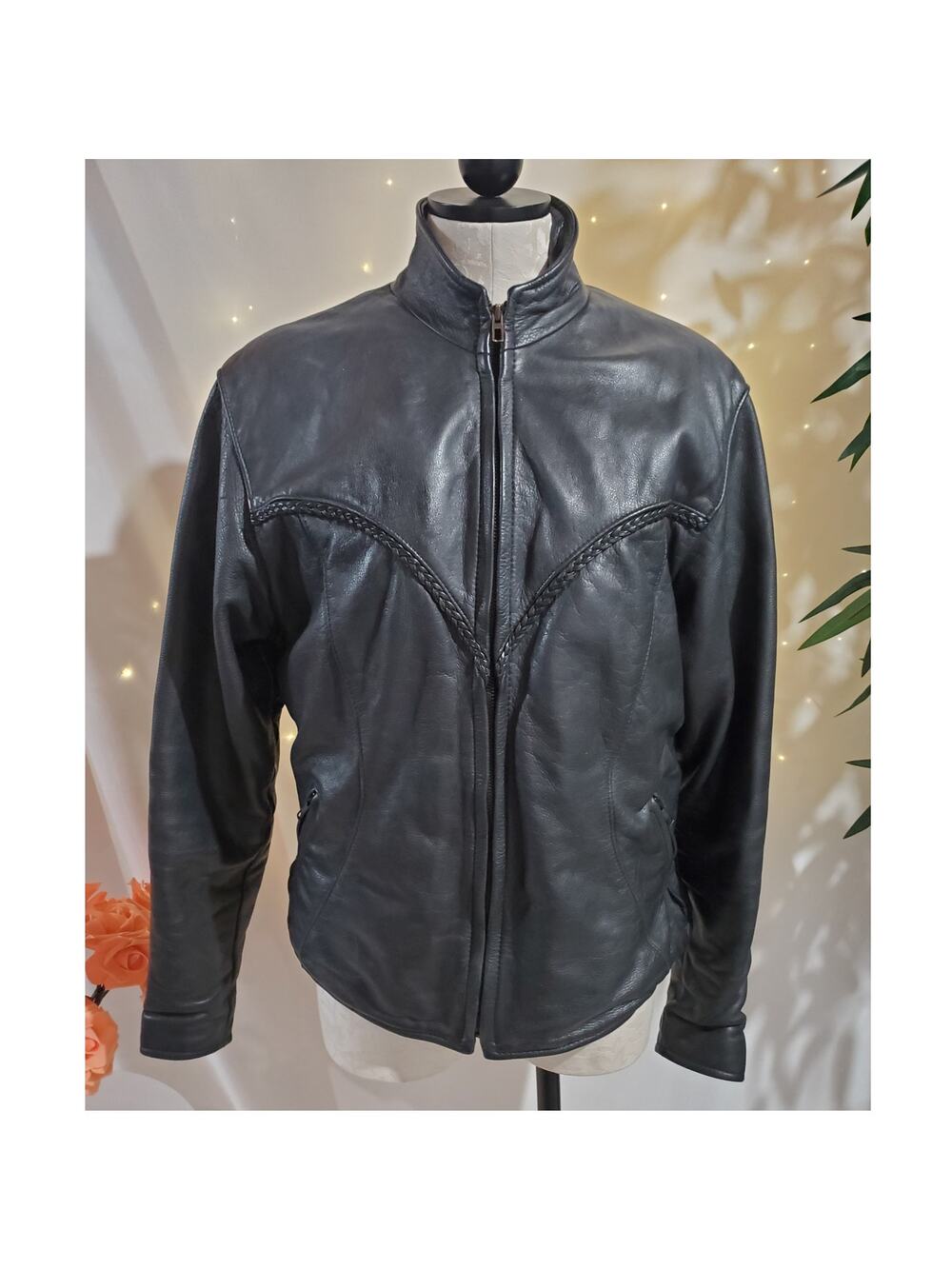 Fashions by Rose Vtg Leather Jacket Womens Size 14 Long Black Motorcycle Biker